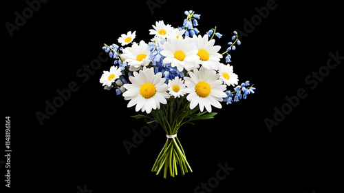 A bouquet of daisies, snowdrops, and bluebells against a soft background, creating a serene and natural floral arrangement, showcasing the beauty of spring flowers and evoking feelings of freshness, r