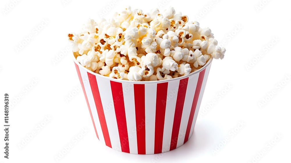 A close-up of a red and white striped paper bucket filled to the brim with popcorn. A close-up of a red and white striped paper bucket filled to the brim with popcorn.