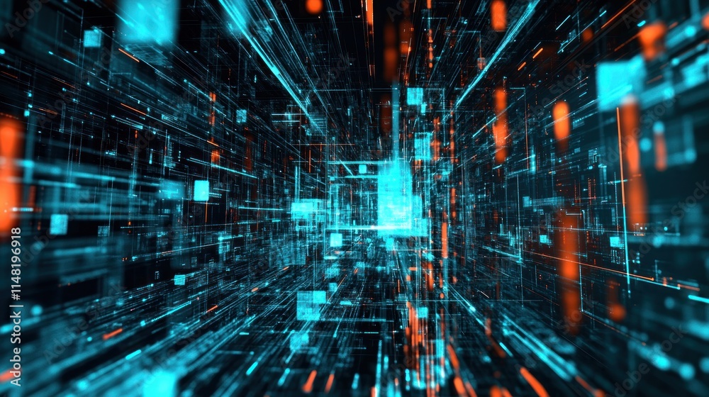 Fototapeta premium Abstract digital data stream flowing through a futuristic cyberspace tunnel.