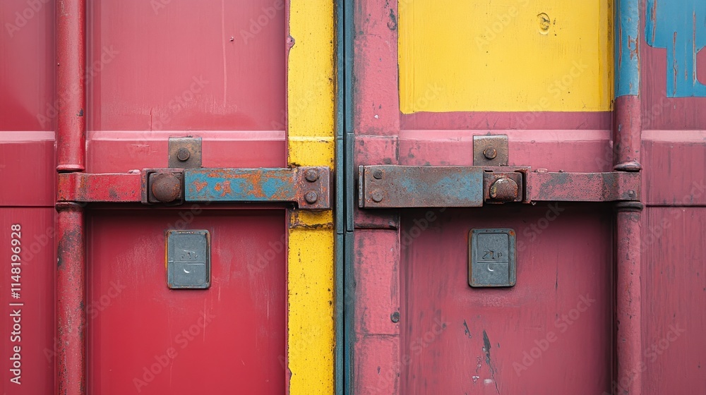 Close-up of two rusty, multi-colored shipping container doors with latches.