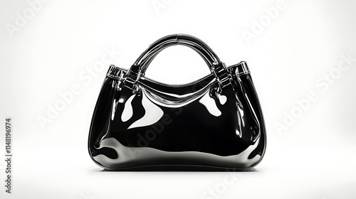 a high-gloss black purse sits in the center on a white background.