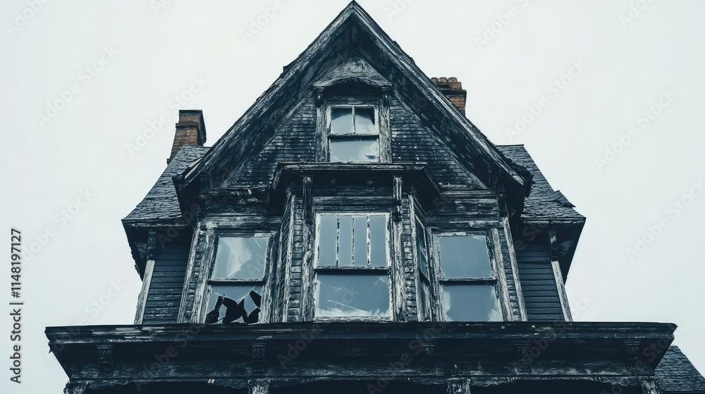 Abandoned Victorian Style House with Broken Windows Under a Cloudy Sky, Evoking a Sense of Mystery and Nostalgia in an Urban Setting Abandoned Victorian Style House with Broken Windows Under a Cloudy Sky, Evoking a Sense of Mystery and Nostalgia in an Urban Setting