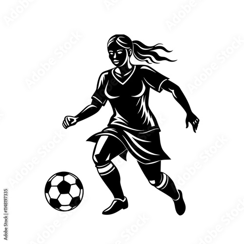 Female soccer football player silhouette vector on white background.