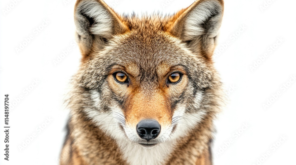Captivating Close-Up of a Coyote with Intense Eyes and Distinctive Fur Pattern Against a Pure White Background for Nature and Wildlife Enthusiasts Captivating Close-Up of a Coyote with Intense Eyes and Distinctive Fur Pattern Against a Pure White Background for Nature and Wildlife Enthusiasts
