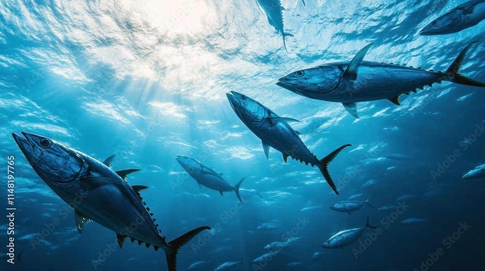 Fototapeta premium School of tuna swimming in sunlit ocean.