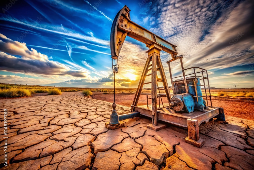 Fototapeta premium Macro Photography: Oil Pump Jack in Rural Landscape, Close-up Details of Industrial Machinery in Remote Setting, Energy Extraction Equipment