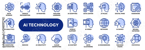 Set of vector line icons related to artificial intelligence, machine learning, data science. Symbols for website or app ui, logo design, illustration