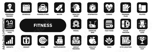 Set of vector solid icons related to fitness and sport, healthy nutrition, gym exercises. Symbols for website or app ui, logo design, illustration