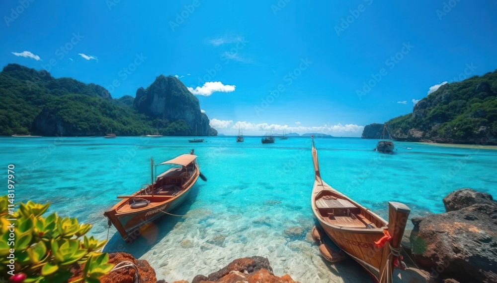 Obraz premium Serene tropical beach with clear turquoise water and traditional boats.