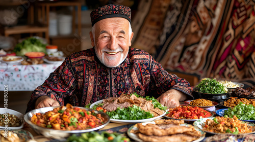 An elderly man enjoying traditional dishes with a smile on his face, celebrating cultural heritage and the joy of sharing meals, conveying warmth, happiness, and the importance of family and tradition