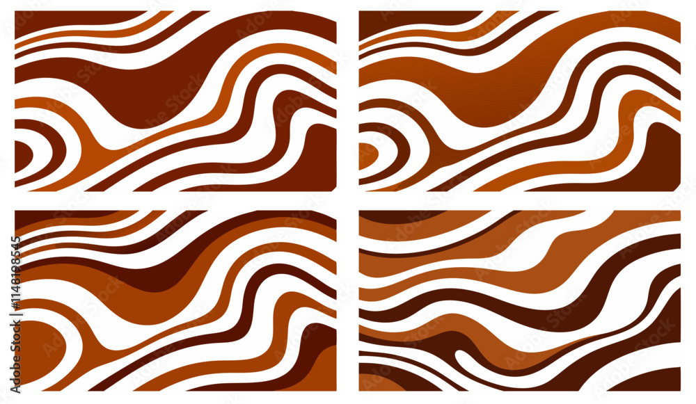 Fototapeta premium Four variations of a brown and white wavy stripe pattern creating abstract backgrounds, suitable for banners, backdrops, or other graphic design projects