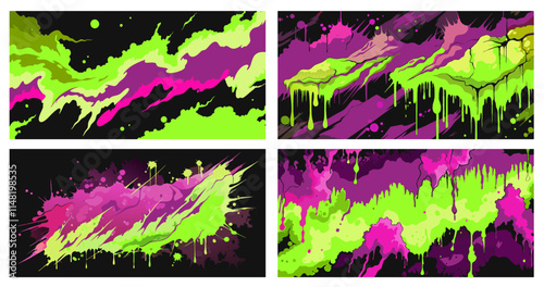 Four abstract backgrounds featuring dripping green and purple paint splatters on a black backdrop create a vibrant and dynamic visual