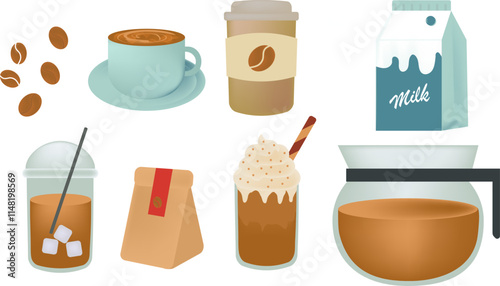 Coffee shop illustration set. drinks, latte, espresso, take away, milk, jug, cappuccino. vector element.