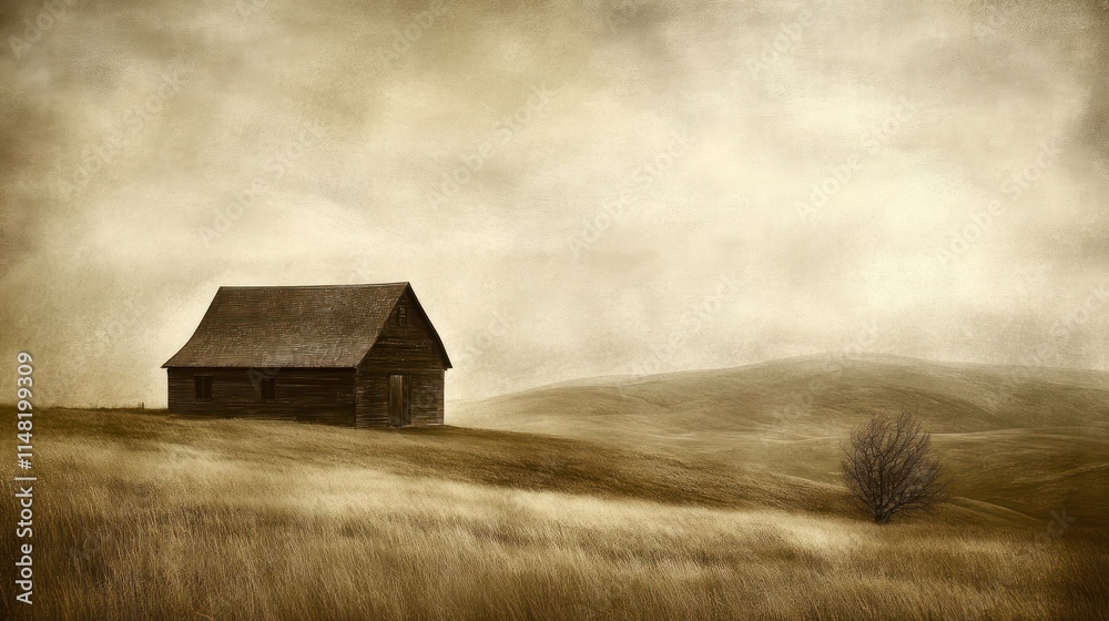 Solitary rustic barn on a sepia-toned, rolling hillside under a cloudy sky. Solitary rustic barn on a sepia-toned, rolling hillside under a cloudy sky.
