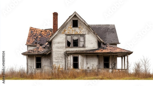 Abandoned Victorian House in Desolate Landscape with Weathered Exterior, Broken Windows, and Overgrown Grass Surrounding a Deteriorating Structure
