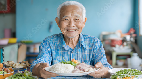 An elderly man enjoying traditional dishes with a smile on his face, celebrating cultural heritage and the joy of sharing meals, conveying warmth, happiness, and the importance of family and tradition