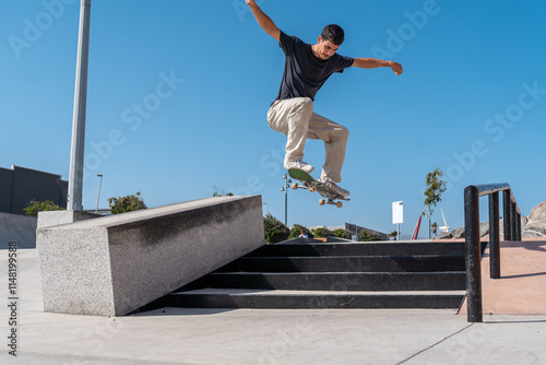 young skater wearing black tshirt jumps a staircase in a sunny day. movement 2