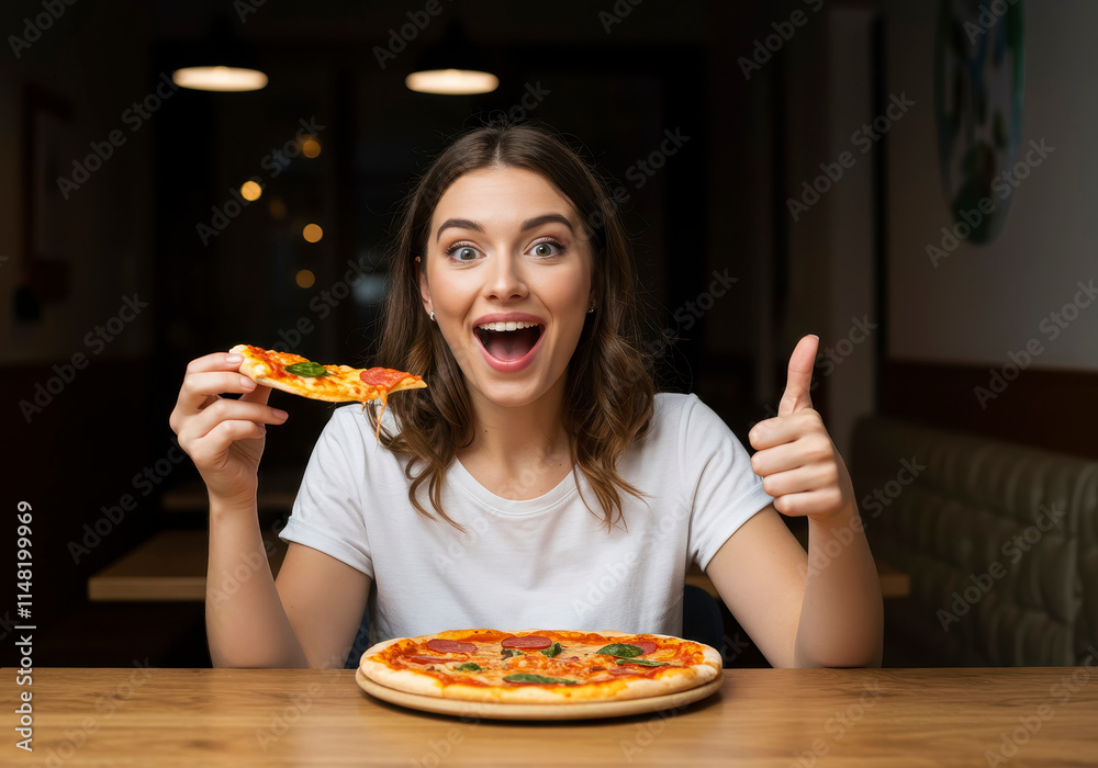 Cheerful Woman Enjoying Italian Pizza – Inviting You to Visit the Pizzeria Cheerful Woman Enjoying Italian Pizza – Inviting You to Visit the Pizzeria