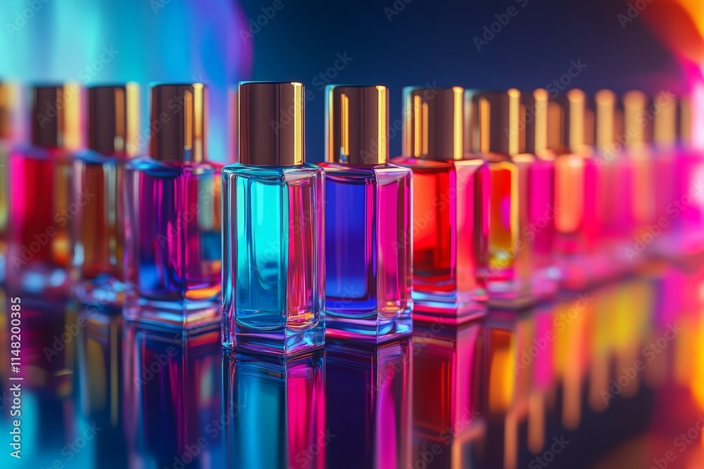 A row of colorful perfume bottles are lined up on a table A row of colorful perfume bottles are lined up on a table