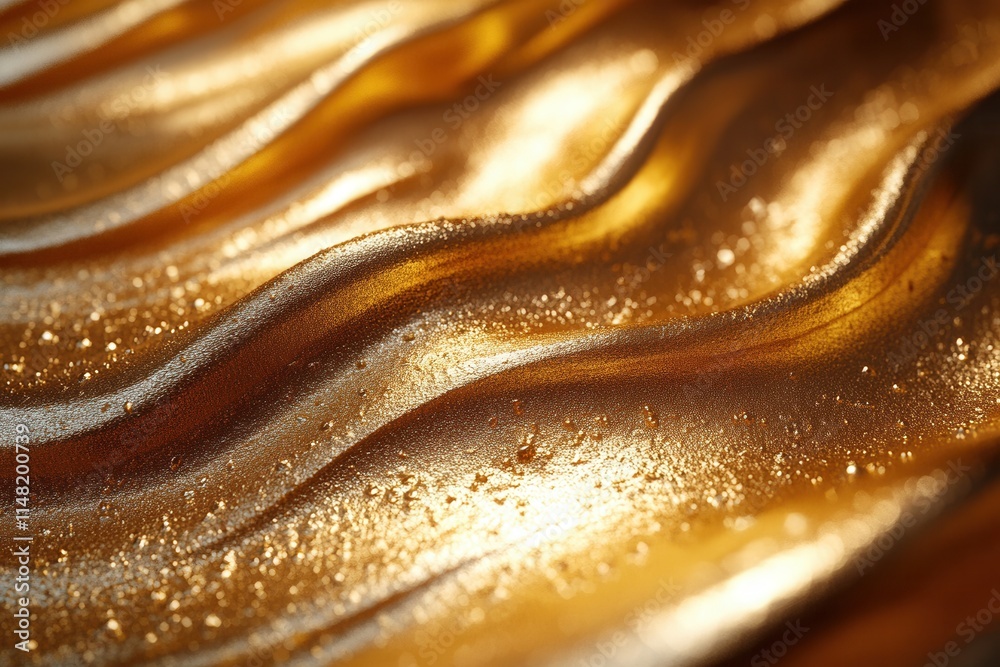 A close-up of shimmering, wavy golden material with a glossy finish. A close-up of shimmering, wavy golden material with a glossy finish.