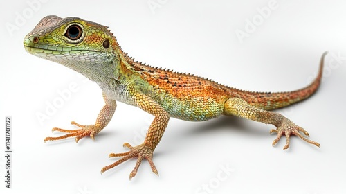 Colorful Lizard Displaying Intricate Patterns and Textures Against a Soft White Background, Capturing the Beauty of Reptilian Wildlife