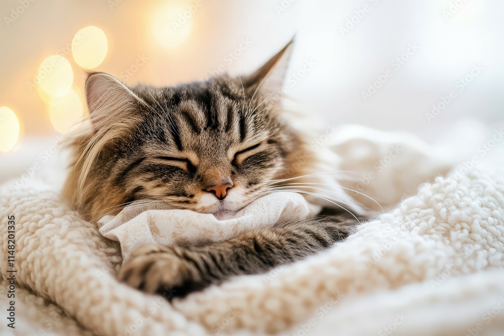 Obraz premium Cat Table Home - A gray tabby cat sits on a table in a home, staring intently at the camera.. Beautiful simple AI generated image