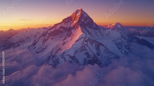 The majestic Mount Qomolangma is illuminated at sunset, surrounded by snow and clouds, highlighting its towering peaks photo