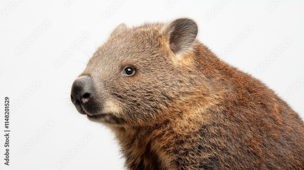 Fototapeta premium Close-Up Portrait of a Wombat Against a Simple Background, Showcasing Its Unique Features and Playful Expression for Nature and Wildlife Enthusiasts