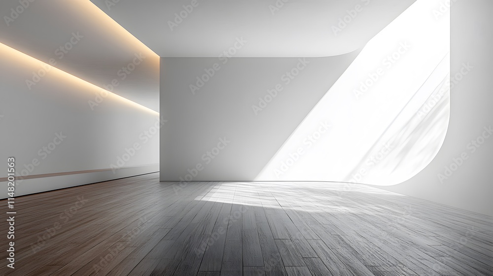 Obraz premium Clean white painted wall, wooden floor planks. Dramatic spotlight from above creates natural shadow gradient in empty room, showcasing modern design space and textured surface.