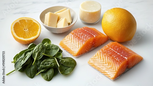 An assortment of vitamin D-rich foods including salmon, spinach, cheese, and oranges is beautifully arranged on a light surface