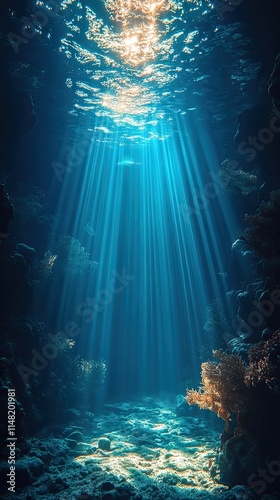 Sunlight filters through water, creating ethereal rays that highlight the ocean floor and vibrant underwater landscapes