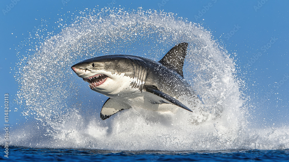 Fototapeta premium great white shark leaps from ocean, creating splash of water. This powerful predator showcases its strength and agility
