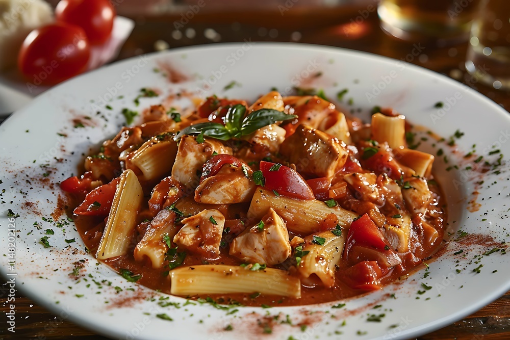 Penne pasta with chicken and tomato sauce on a wooden table Penne pasta with chicken and tomato sauce on a wooden table