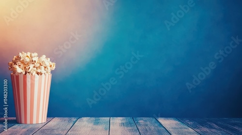 A vibrant image featuring a striped bucket filled with popcorn, set against a blue backdrop and wooden surface, evoking a nostalgic cinema vibe. photo