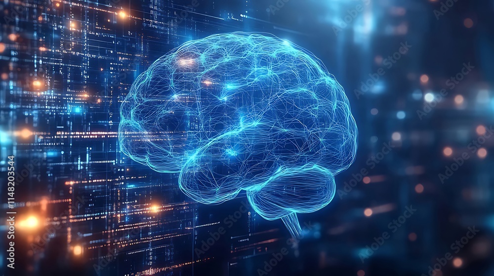 Abstract digital brain illustration against a binary code background, representing artificial intelligence and neural networks.