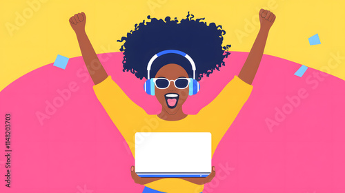 An illustration of an excited Black woman with her hair styled in curls, radiating joy and enthusiasm, capturing the essence of positive energy, celebration, and empowerment in a vibrant and colorful 