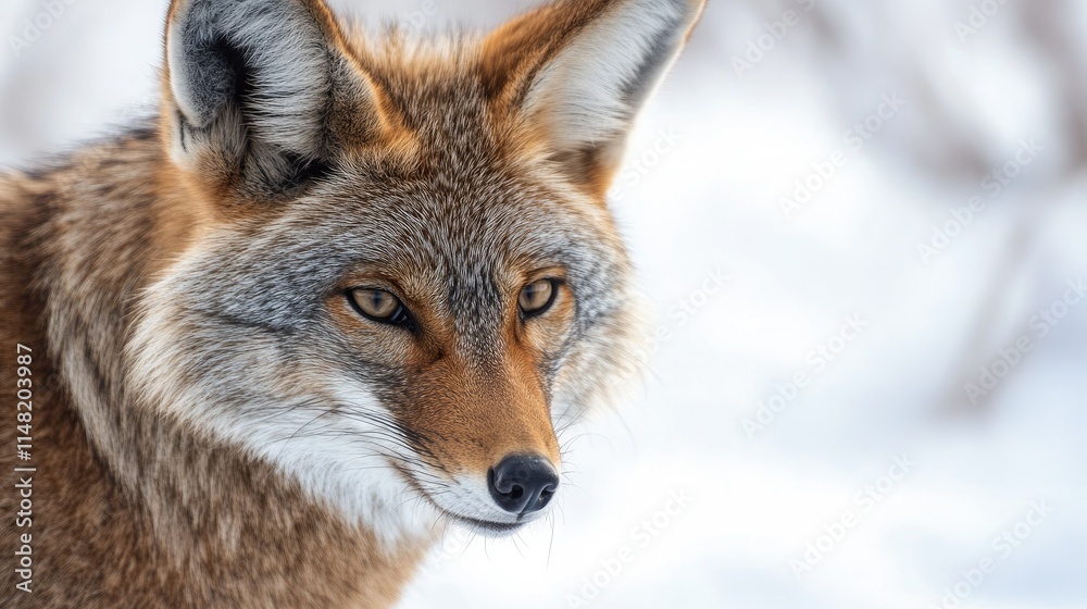 Obraz premium Close-up Portrait of a Majestic Wild Fox with Striking Features, Capturing the Essence of Nature's Beauty in a Snowy Environment