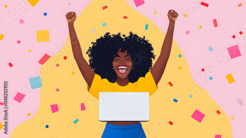 An illustration of an excited Black woman with her hair styled in curls, radiating joy and enthusiasm, capturing the essence of positive energy, celebration, and empowerment in a vibrant and colorful 