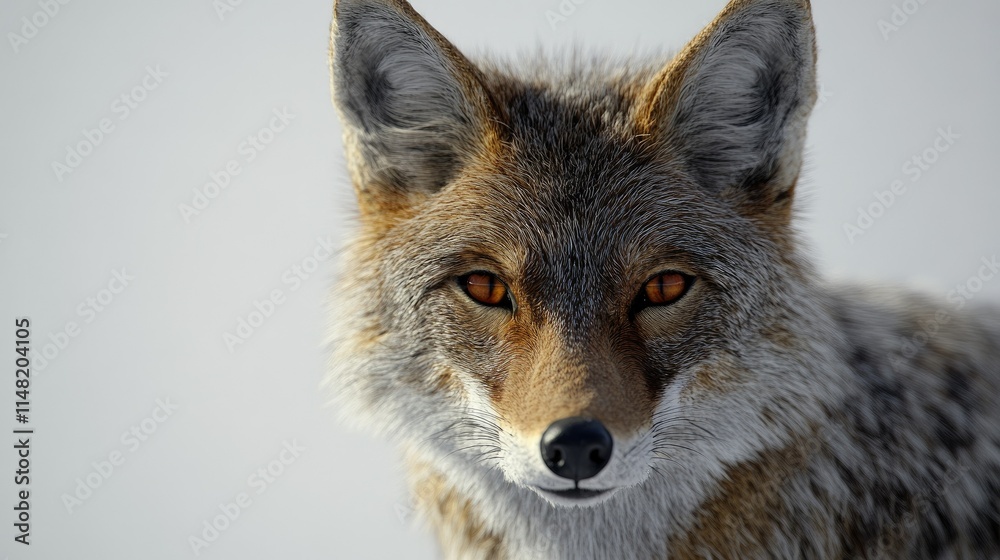 Fototapeta premium Close-Up Portrait of a Wild Fox with Striking Amber Eyes Against a Soft Neutral Background Capturing the Beauty and Intrigue of Nature's Creatures