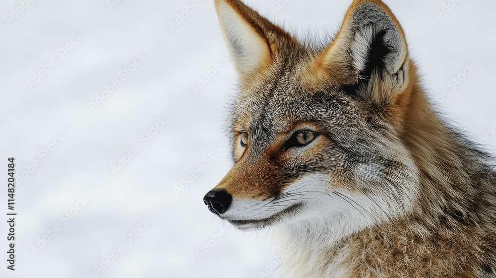 Close-Up Profile of a Beautiful Coyote in Snowy Landscape Capturing the Essence of Wildlife and Nature's Beauty with Sharp Expression and Stunning Features Close-Up Profile of a Beautiful Coyote in Snowy Landscape Capturing the Essence of Wildlife and Nature's Beauty with Sharp Expression and Stunning Features