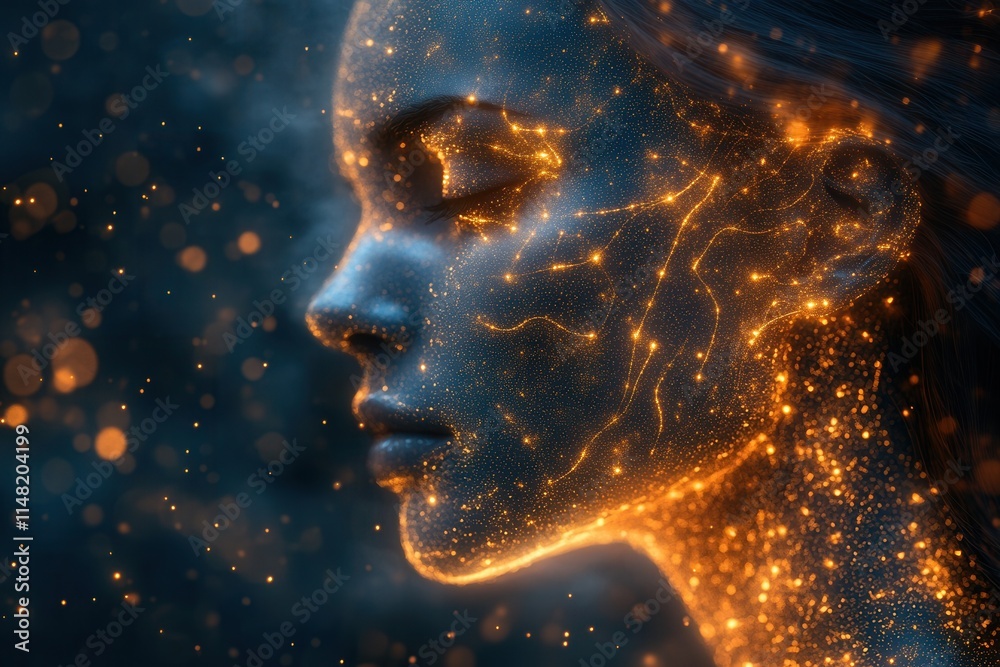 A digital portrait of a woman illuminated with glowing particles and intricate patterns. A digital portrait of a woman illuminated with glowing particles and intricate patterns.