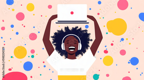 An illustration of an excited Black woman with her hair styled in curls, radiating joy and enthusiasm, capturing the essence of positive energy, celebration, and empowerment in a vibrant and colorful 