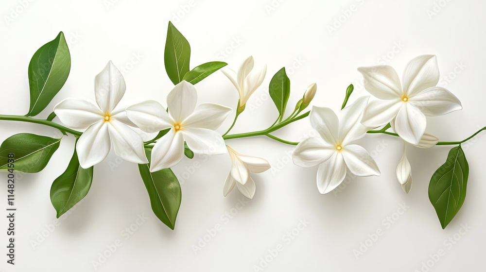 Elegant White Flowers with Green Leaves Arrangement on a Soft Background, Ideal for Nature and Floral Themes in Design and Art Projects