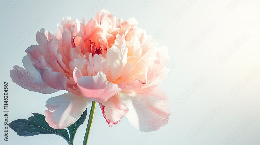 Fototapeta premium Beautiful Soft Pink Peony Flower Blooming with Delicate Petals and Green Leaves on Light Background, Perfect for Nature and Floral Themes in Photography