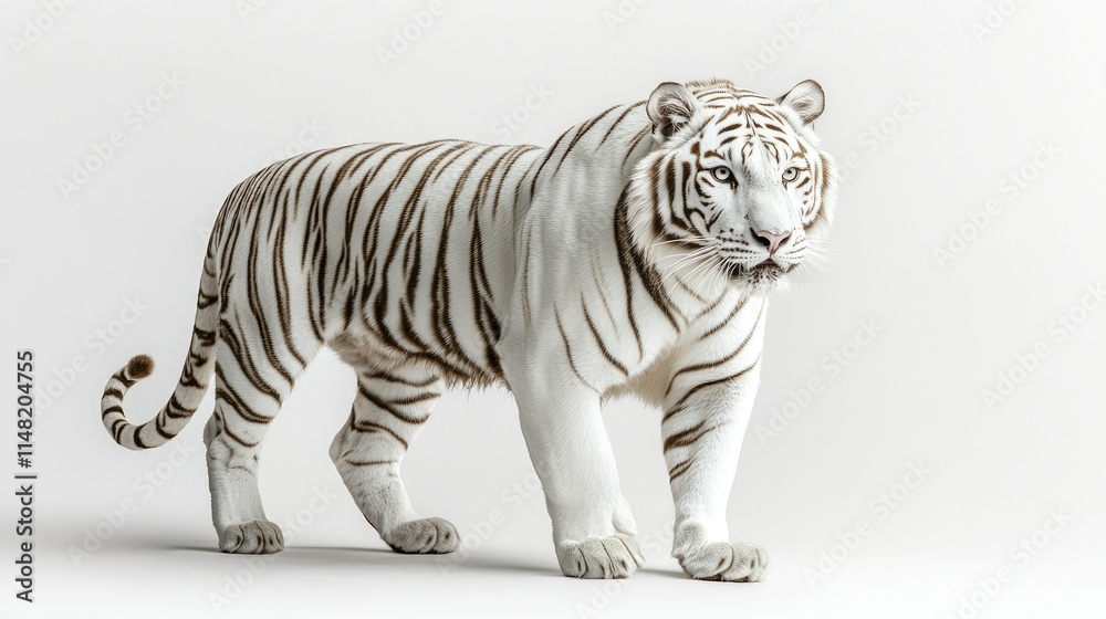 Obraz premium Majestic White Tiger Walking Gracefully Against a Minimalistic Background, Showcasing Unique Stripes and Powerful Presence Capturing Natural Beauty and Wild Essence