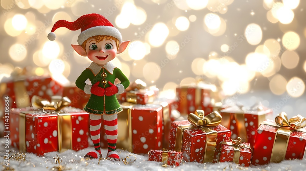 Cheerful Christmas elf standing amidst numerous red and gold presents on snowy ground with bokeh lights. Cheerful Christmas elf standing amidst numerous red and gold presents on snowy ground with bokeh lights.