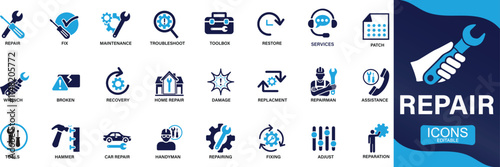 Repair icon set. fix, maintenance, toolbox, assistance, broken, troubleshoot You can easily change the color