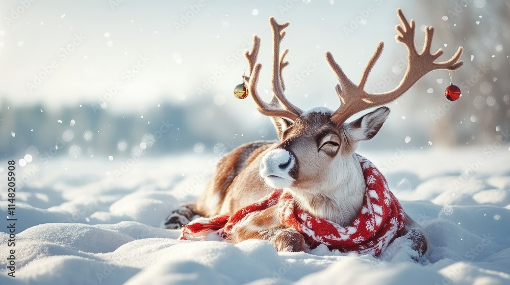 Adorable Reindeer Resting in Snowy Landscape with Holiday Decorations and Gentle Snowfall, Capturing the Essence of Winter Wonderland and Christmas Spirit
