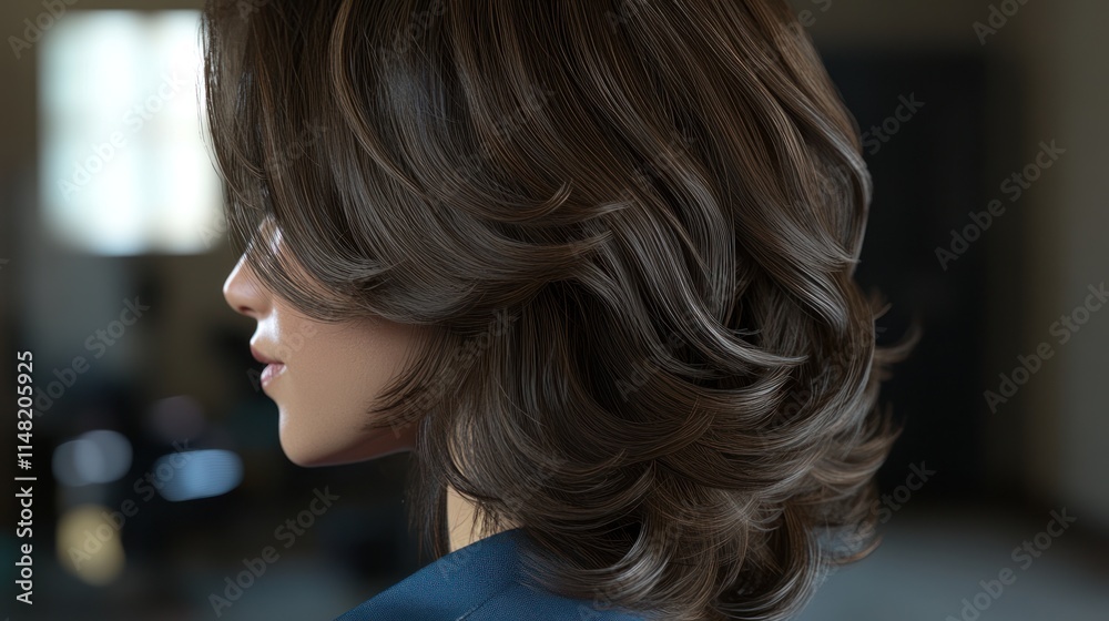 Side profile of a woman with medium-length, wavy brown hair. Side profile of a woman with medium-length, wavy brown hair.