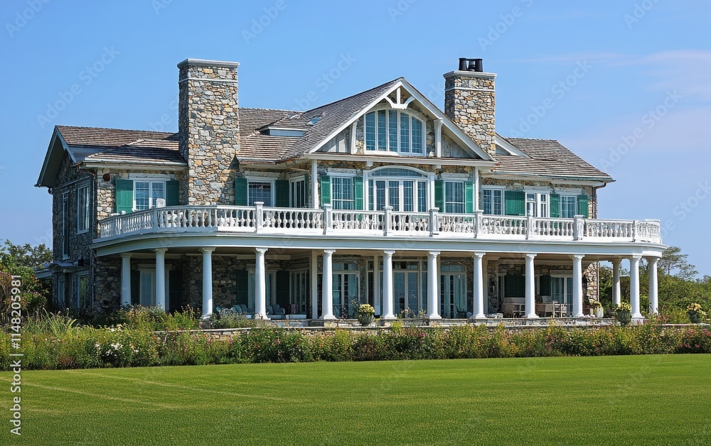 A photo of the Ocean House in Harrisonia, built in American country style with a stone facade, large balcony windows, green shutters, and white columns framing the front porch A photo of the Ocean House in Harrisonia, built in American country style with a stone facade, large balcony windows, green shutters, and white columns framing the front porch